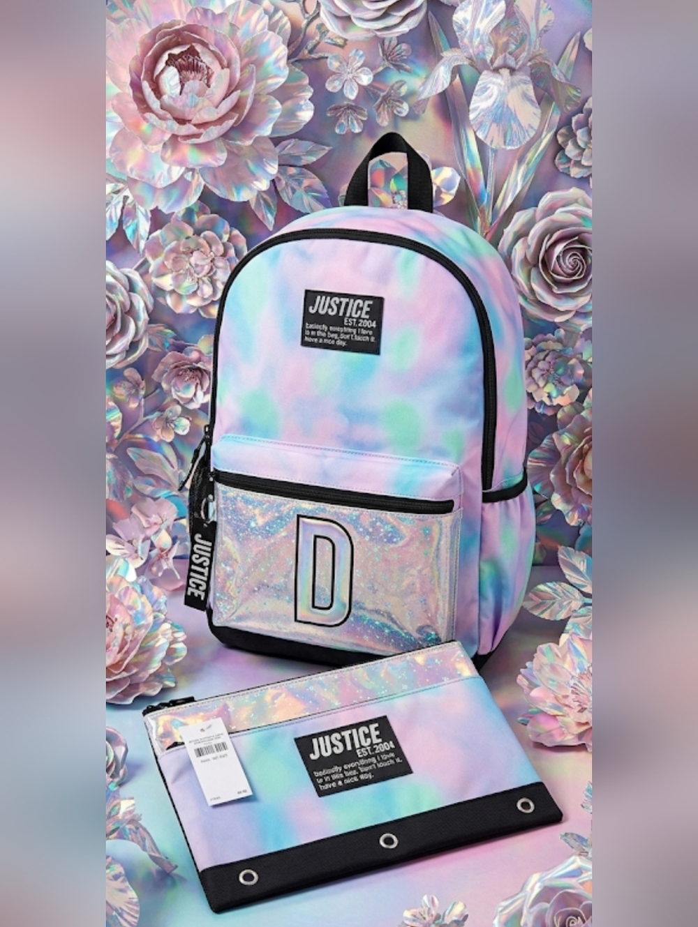 NEW Justice 2pc Bundle: Initial D Iridescent Backpack + Matching Pencil Case